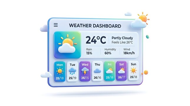 Weather Dashboard Illustration Displaying Partly Cloudy 24 Celsius Temperature and Weekly Forecast