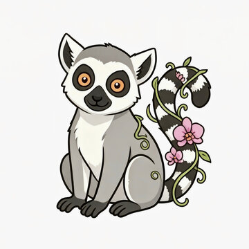 Cute ring-tailed lemur cartoon character sitting next to floral vine vector clipart illustration