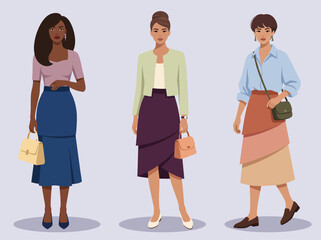 Obraz premium Vector illustration of three fashionable women in modern elegant outfits carrying handbags