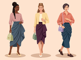 Fototapeta premium Fashionable women in elegant modern outfits with draped skirts and handbags vector illustration