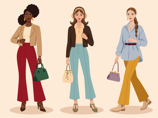 Fototapeta premium Stylish Women in Trendy Autumn Outfits Holding Handbags Fashion Illustration