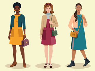 Fototapeta premium Three young stylish women in vintage retro fashion outfits holding handbags