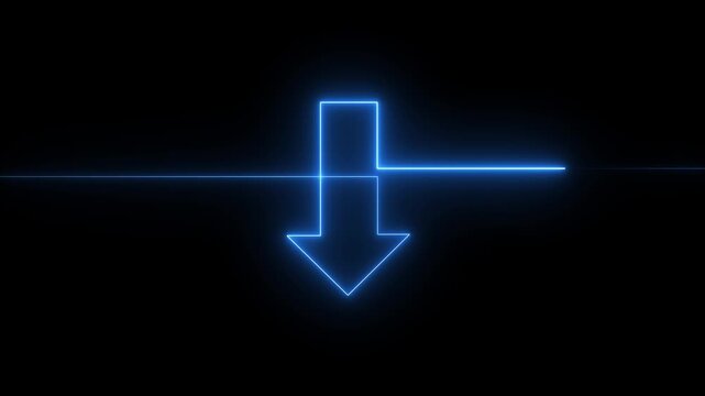 Glowing blue neon downward arrow symbol pointing down isolated on dark black background.