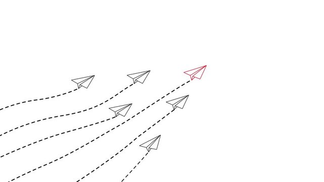 Leadership concept with red origami paper plane leading white planes on dotted path symbol of individuality direction and team management.