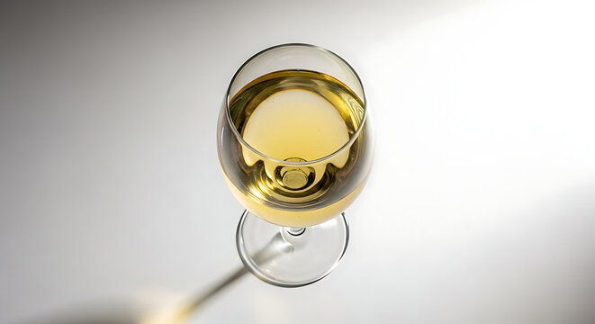 A single glass of white wine viewed from directly above on a white background surface