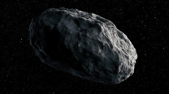 A large irregularly shaped asteroid floating in deep space with a starfield background and detailed surface texture