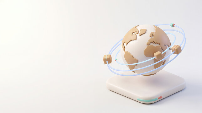 3D rendered Earth globe with orbiting rings and cubes representing a global communication and data network