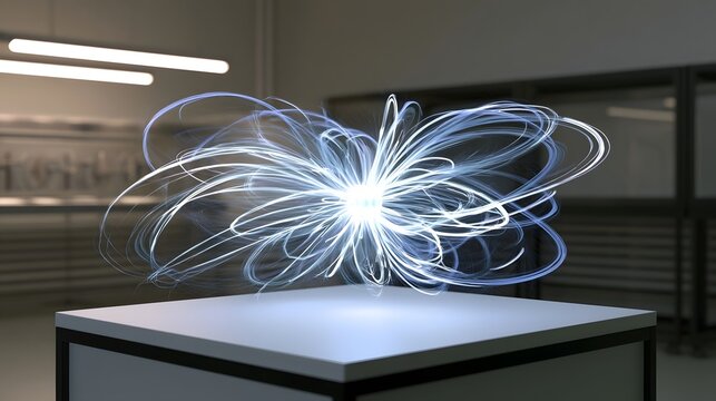 A glowing blue energy field with swirling light trails hovers above a white table in a modern laboratory setting