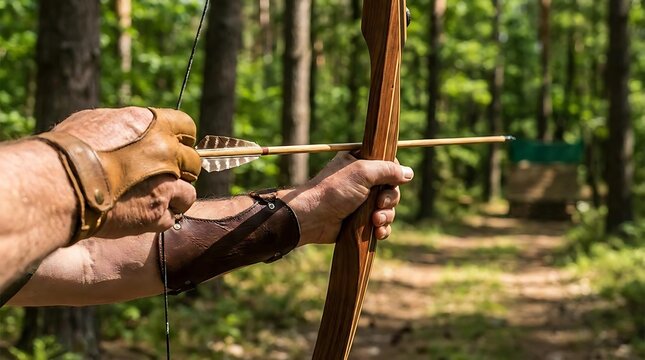 Close up of archer drawing traditional wooden bow.