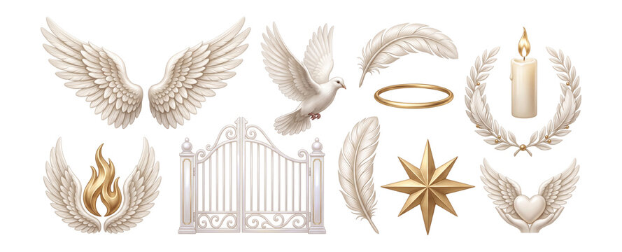Heavenly Memorial Symbols with Feathers and Golden Light