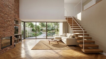 Obraz premium Modern living room with large windows and staircase overlooking a garden.