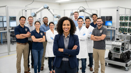 Obraz premium Robotics engineer leads diverse automation team in modern laboratory, showcasing robotics, artificial intelligence, mechatronics, engineering innovation and collaborative technology development.