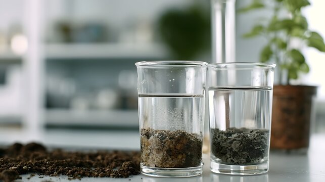 Two glasses with soil submerged in water  illustrating sedimentation or water testing in a clean indoor environment