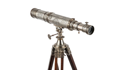 Vintage metallic spyglass telescope mounted on wooden tripod isolated on transparent background © Olga