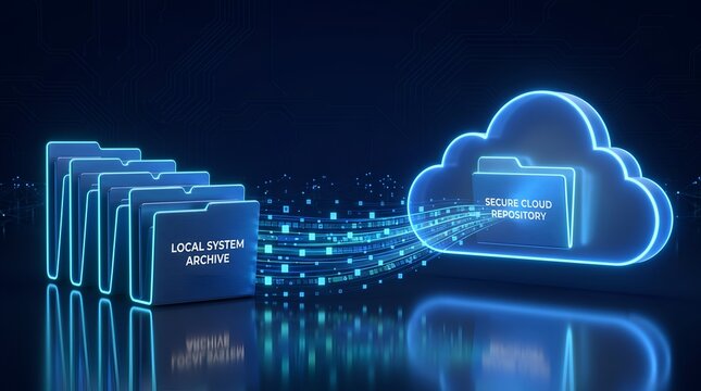 Secure cloud migration concept with local system archive folders transferring digital data to cloud repository