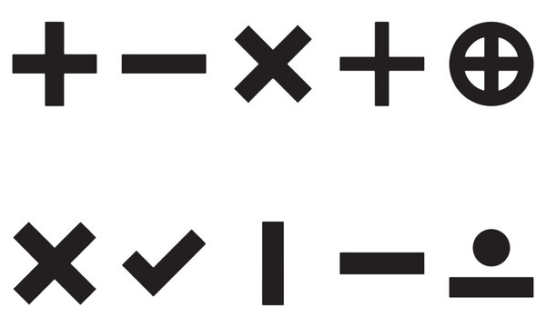 A collection of ten basic black mathematical symbols and ui arranged in two rows on a white background, including plus, minus, multiplication, checkmark, and division signs