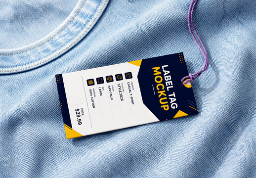 Clothing Label Tag Mockup on Light Blue Denim Fabric