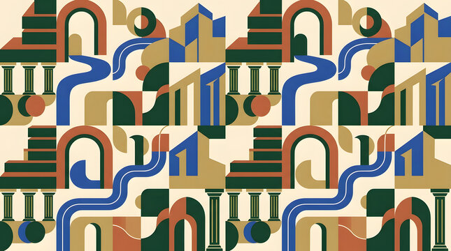 Abstract architectural seamless pattern with columns and arched structures