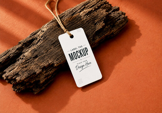 Clothing Label Tag Mockup on Rustic Wood with Sunlight Shadows