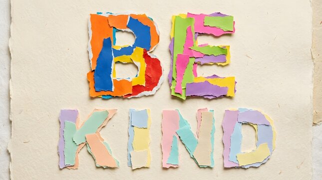 Vibrant three dimensional letters creatively spell out the words be kind against a simple neutral backdrop encouraging positivity and spreading a heartfelt message of compassion