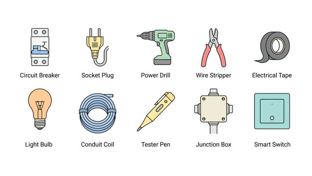 Electrical Tools Collection: A set of illustrated icons representing essential electrical tools and components, including a circuit breaker, socket plug, power drill, wire stripper, electrical tape.