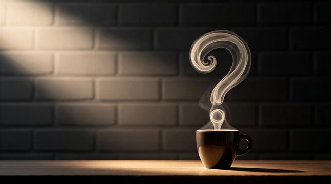 Question mark steam rising from dark espresso cup on wooden table against brick wall background