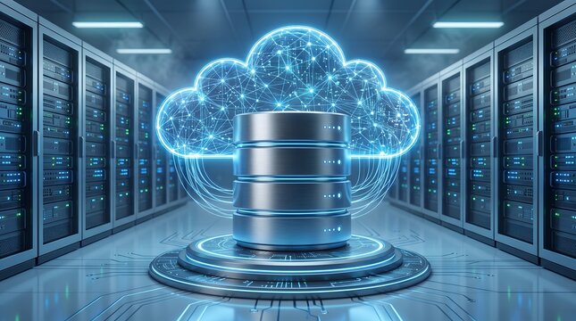 Cloud computing infrastructure featuring illuminated network cloud symbol above centralized database server racks