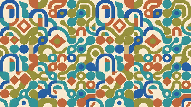 Seamless repeating abstract retro pattern with rounded lines and shapes