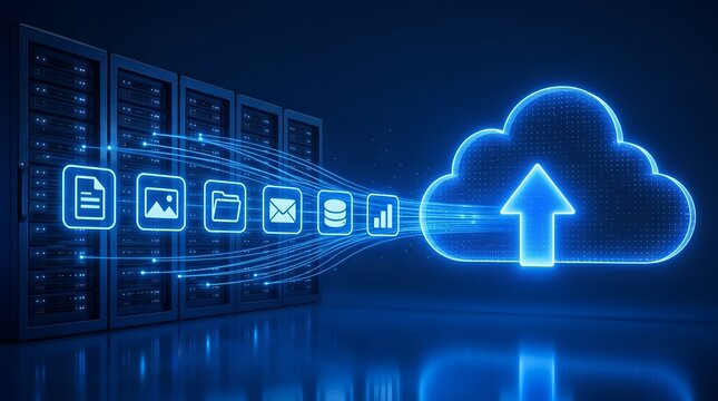 Enterprise cloud backup migration transferring diverse digital files from local servers to secure network storage