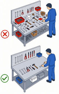 Worker sorting tools and clutter at an industrial workbench