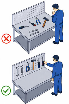 Worker organizing tools on a visual tool board