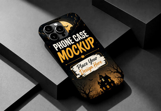Halloween Theme Phone Case Mockup on Dark Geometric Pedestal