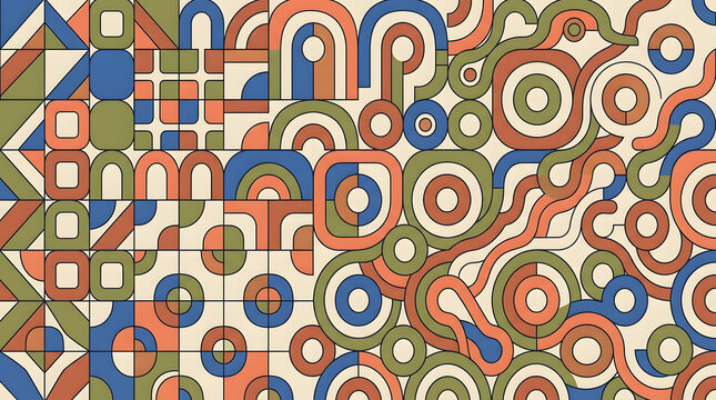 Seamless abstract geometric grid pattern with retro shapes and textures