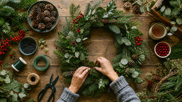Woman hands making christmas wreath from evergreen branches on rustic wooden table. Diy festive decoration for winter holiday season. Craft workshop with pine cone and holly berry.