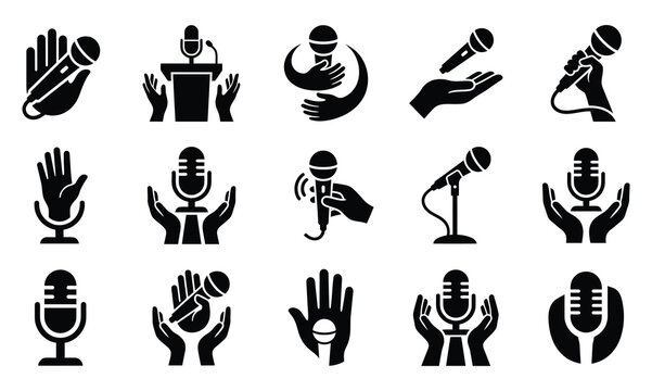 Collection of black microphone icons held in hands and on stands isolated on white