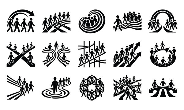 Collection of vintage black and white illustrations depicting people and community