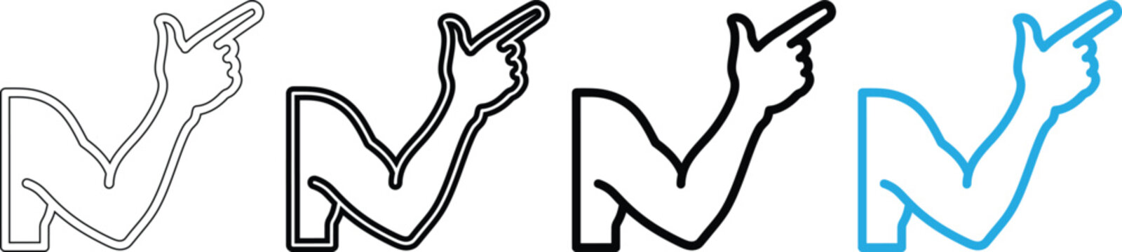 Muscular arm pointing finger icon set in various line weights and blue color.