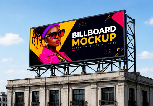Horizontal Billboard Mockup on City Building Roof