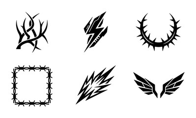 Obraz premium Set of 6 Black Tribal and Abstract Graphic Elements, Including Thorns, Lightning Bolt, Wings, and Barbed Wire Frame for Edgy Designs