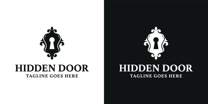 Black ornate vintage keyhole plate with decorative flourishes logo design