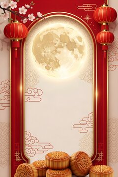 elegant chinese mid autumn festival frame with full moon lanterns and mooncake decoration