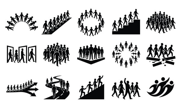 Collection of diverse black silhouette icons depicting groups of people and teamwork