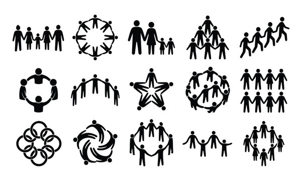 Diverse group of people silhouettes connecting in various circular formations and shapes