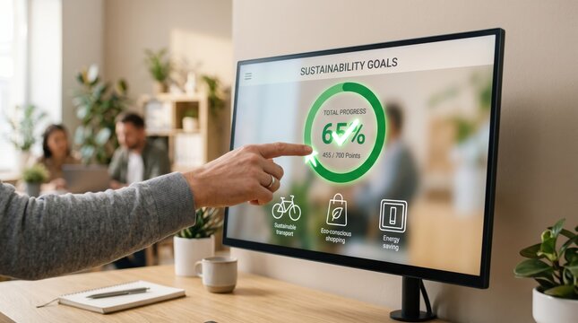 Person pointing at computer screen displaying sustainability goals dashboard with sixty-five percent progress circle, eco-friendly transport, shopping icons