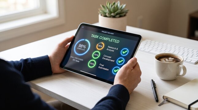 Person holding tablet displaying project delivery dashboard with task completed status, ninety eight percent progress circle, and checklist icons on wooden desk with coffee