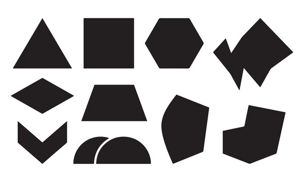 Assortment of various black geometric shapes including triangles, squares, hexagons, trapezoids, semicircles, and irregular polygons arranged on a plain white background, for use