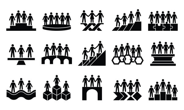 Diverse groups of people connecting and collaborating in various symbolic settings