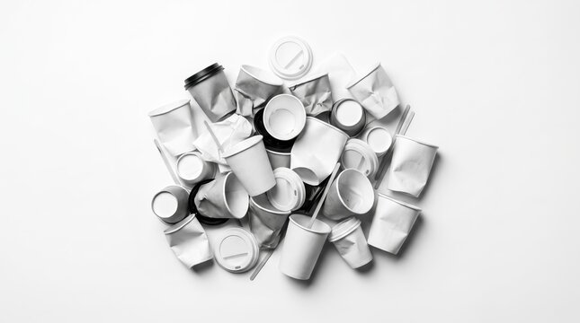 of crushed disposable paper coffee cups and waste pile on white surface, monochrome black and white photography, environmental pollution, recycling and sustainability issue