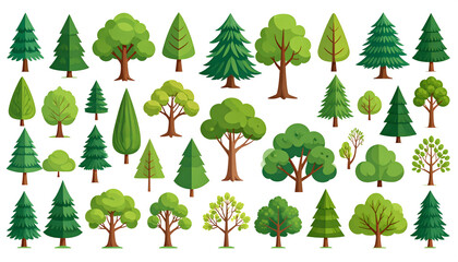 Obraz premium Stylized trees including pine conifers and rounded deciduous trees showing clean cartoon style generative AI