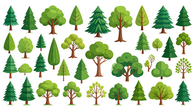 Stylized trees including pine conifers and rounded deciduous trees showing clean cartoon style generative AI